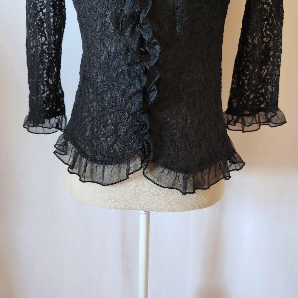 Uniform John Paul Richard Women's Size M Black Sheer Ruffle Lace Faux Button Top - Picture 3 of 13